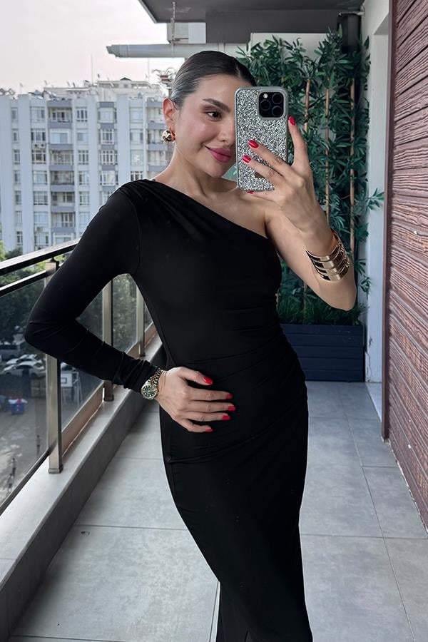 Stanka Tek Omuz Drapeli Elbise - Siyah