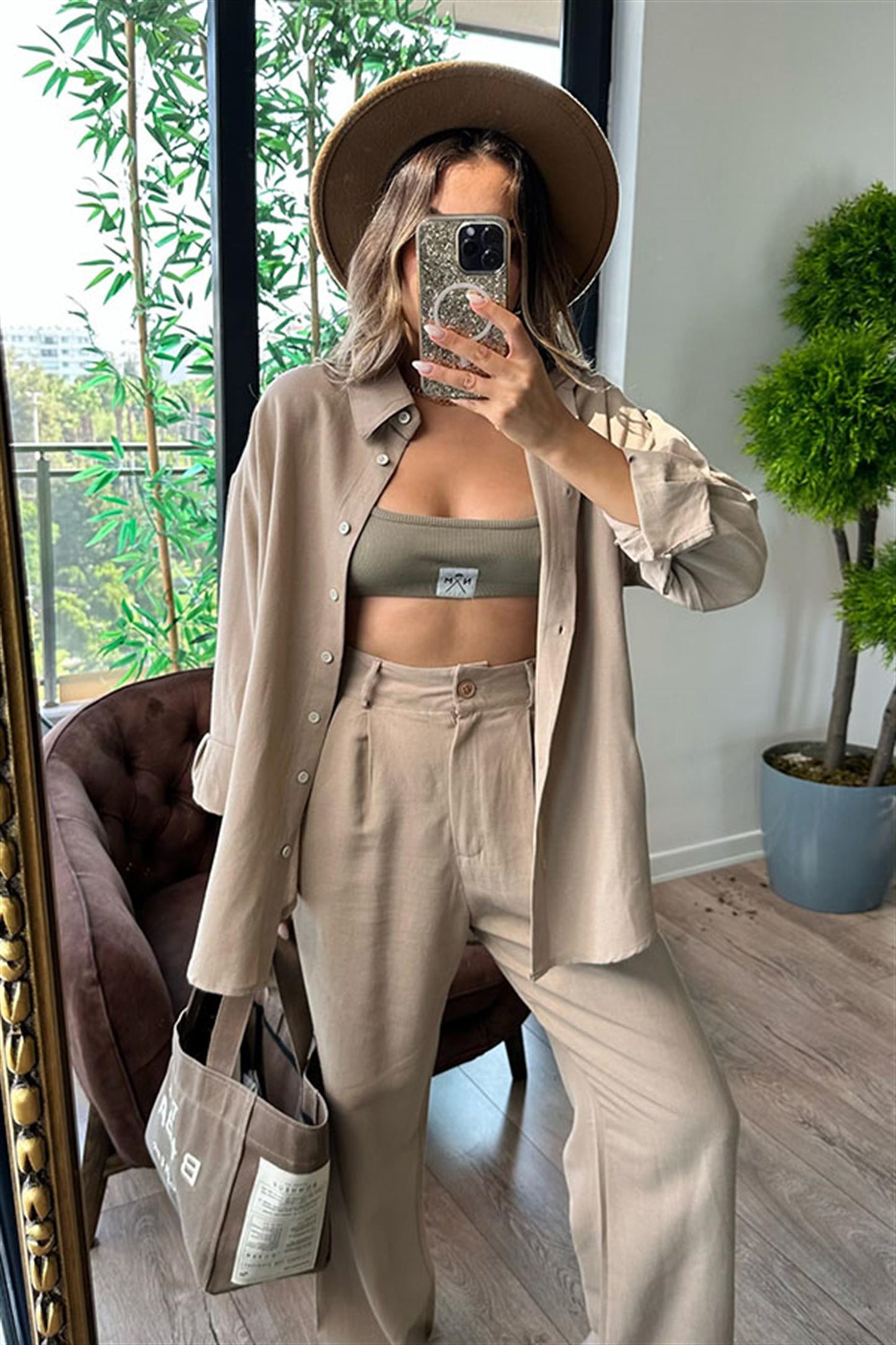 Star gömlek palazzo takım - Vizon