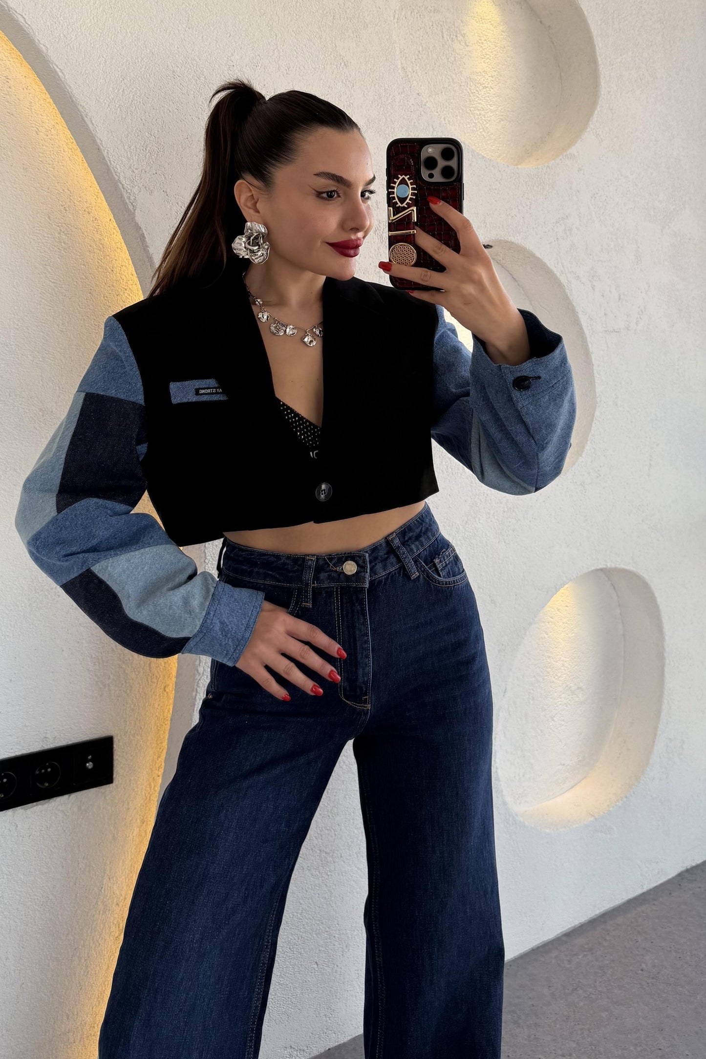 Strong Kolları Denim Patchwork Siyah Ceket