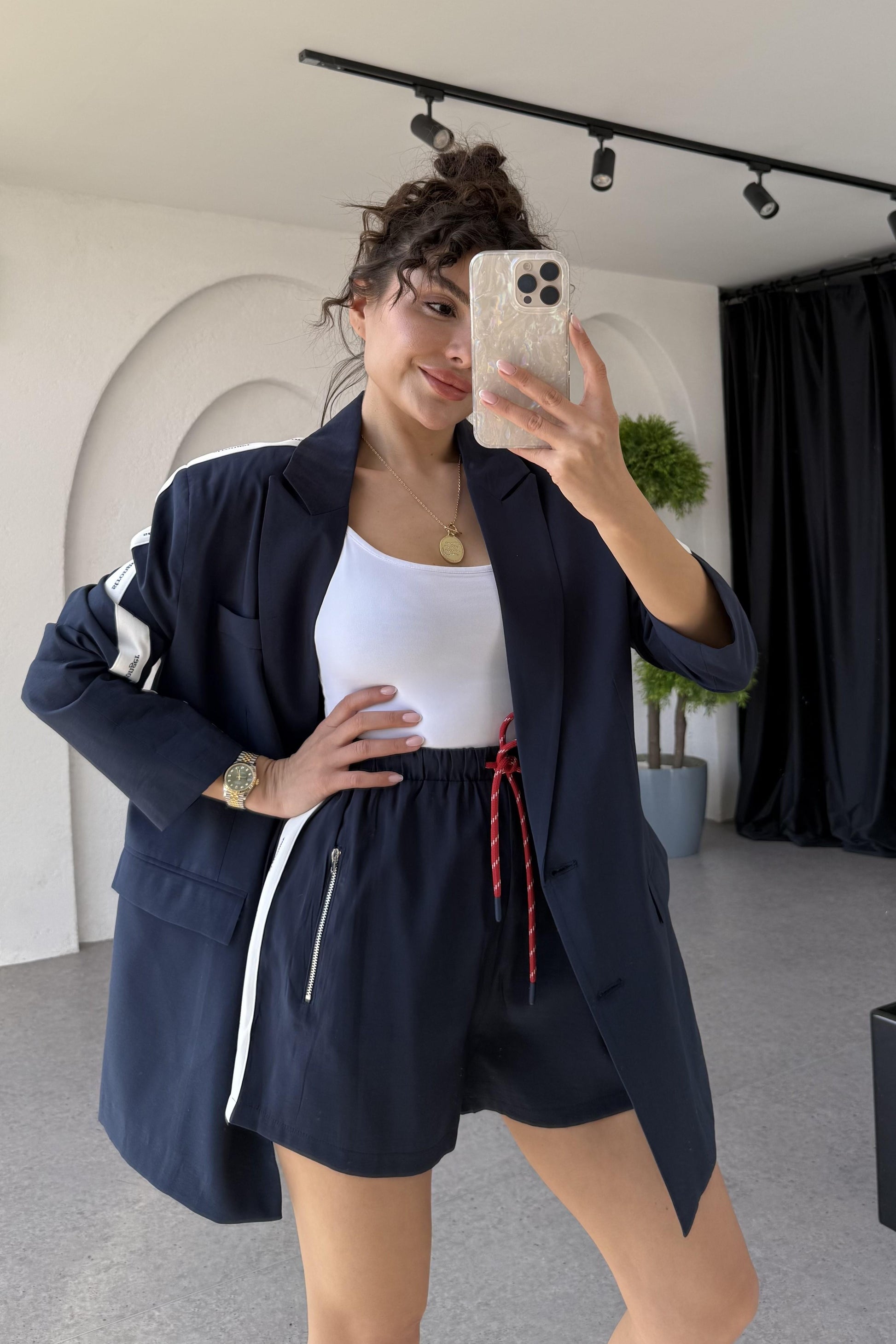 Stronger Yazılı Şeritli Lacivert Blazer