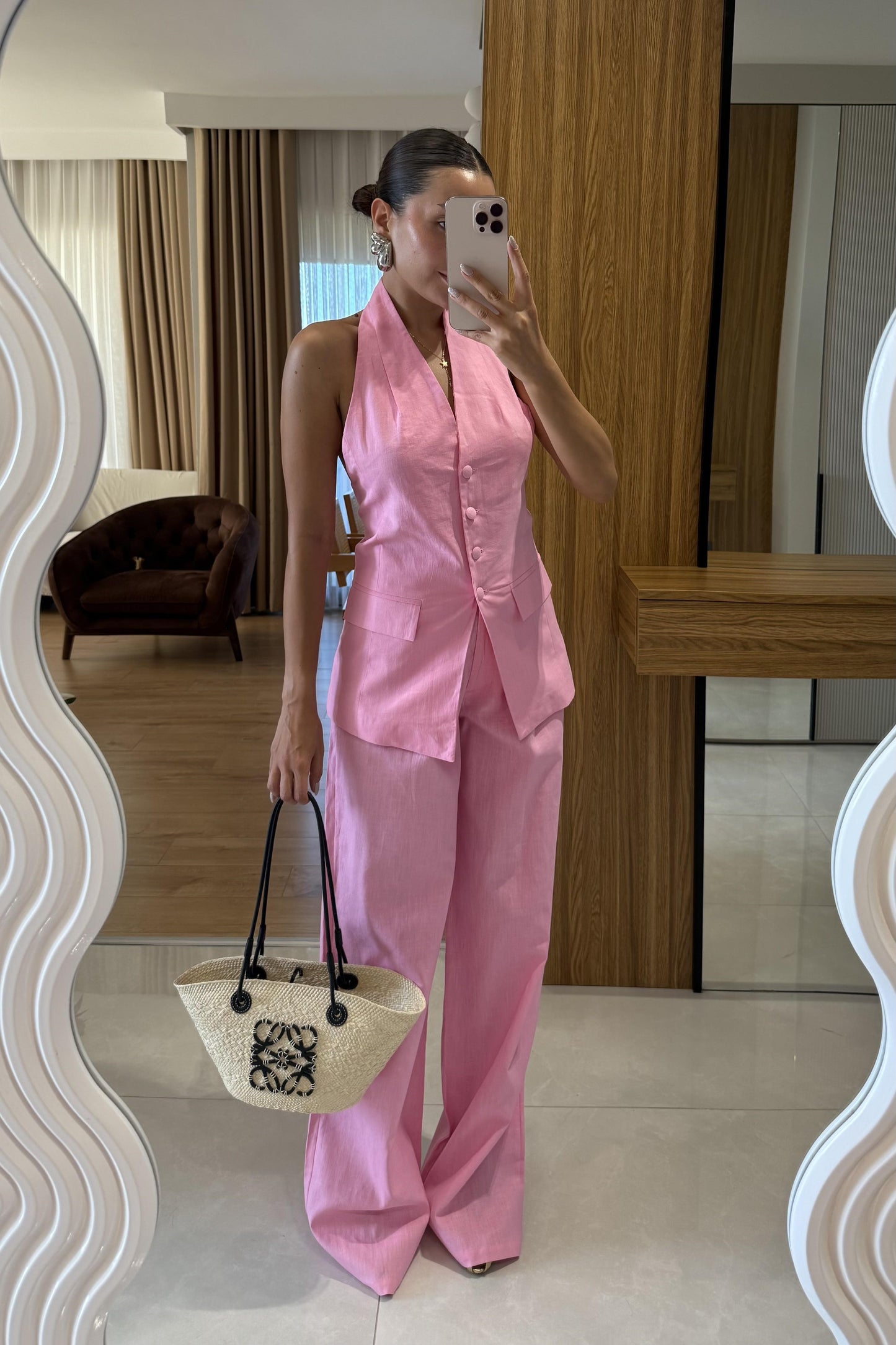 Sungle Pembe Keten Yelekli Premium Takım