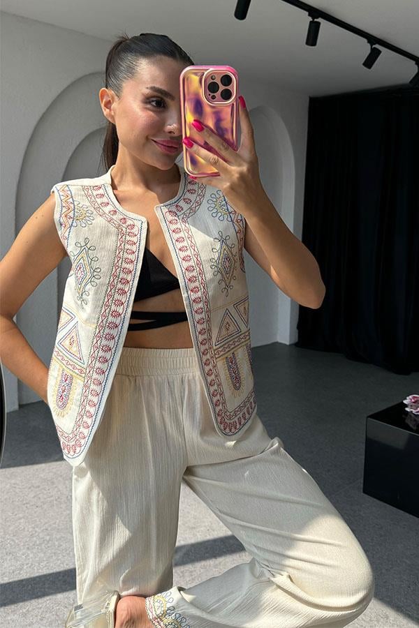 Sunniva Keten Nakışlı Pantolon Yelek Takım