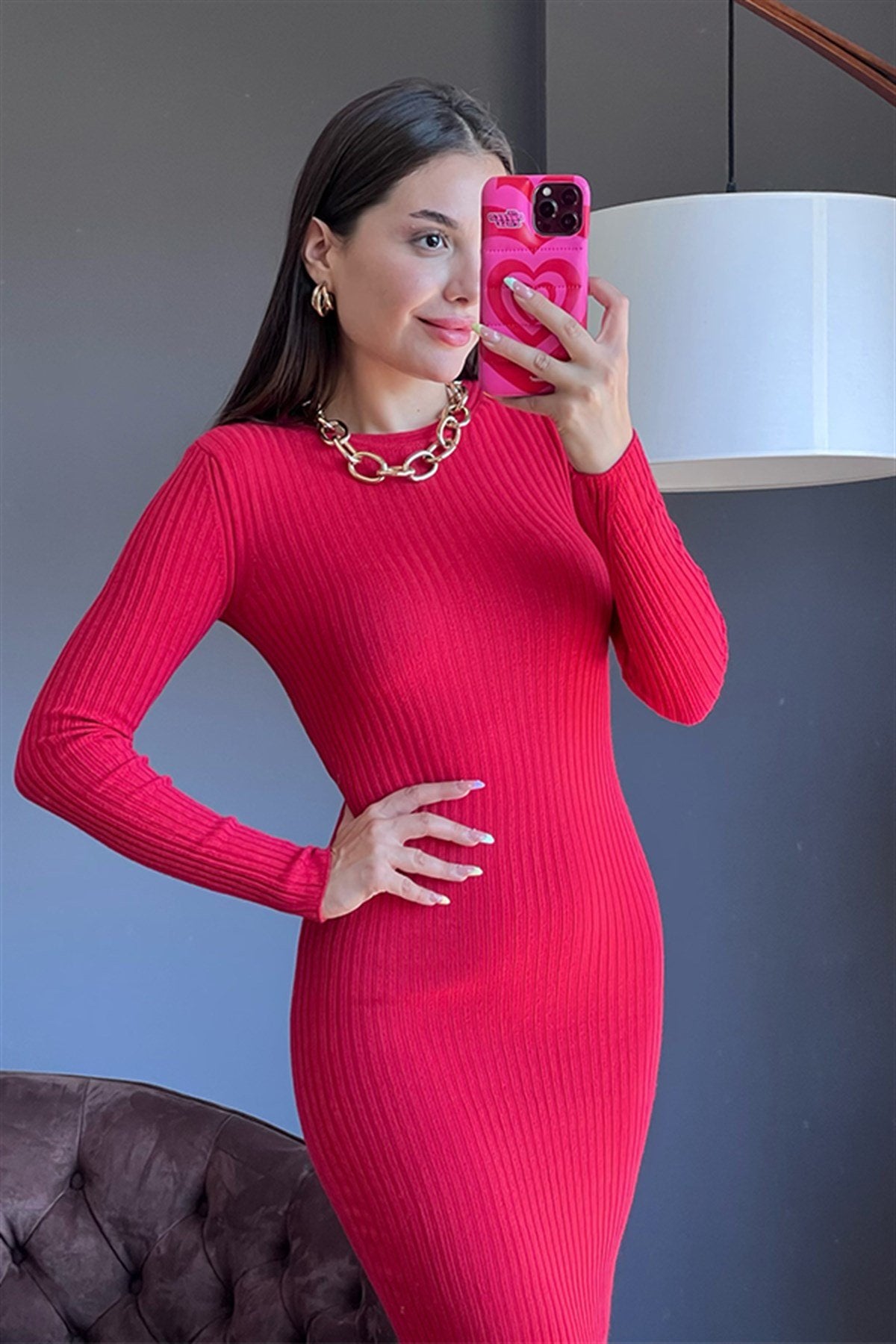 Super dray kırmızı fitilli kalem elbise