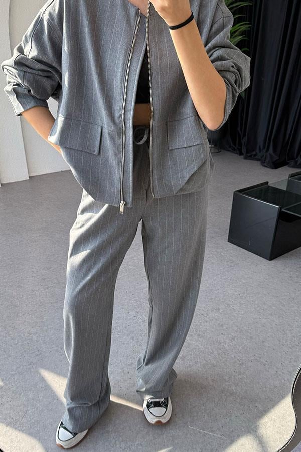 Susie Bomber Ceketli Gri Çizgili Takım