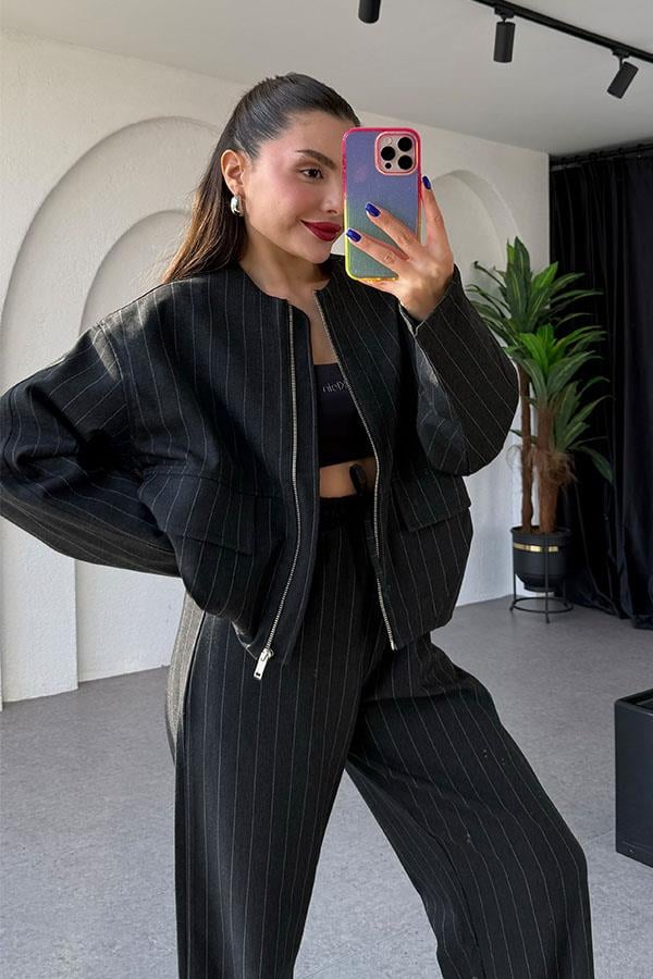 Susie Bomber Ceketli Siyah Çizgili Takım