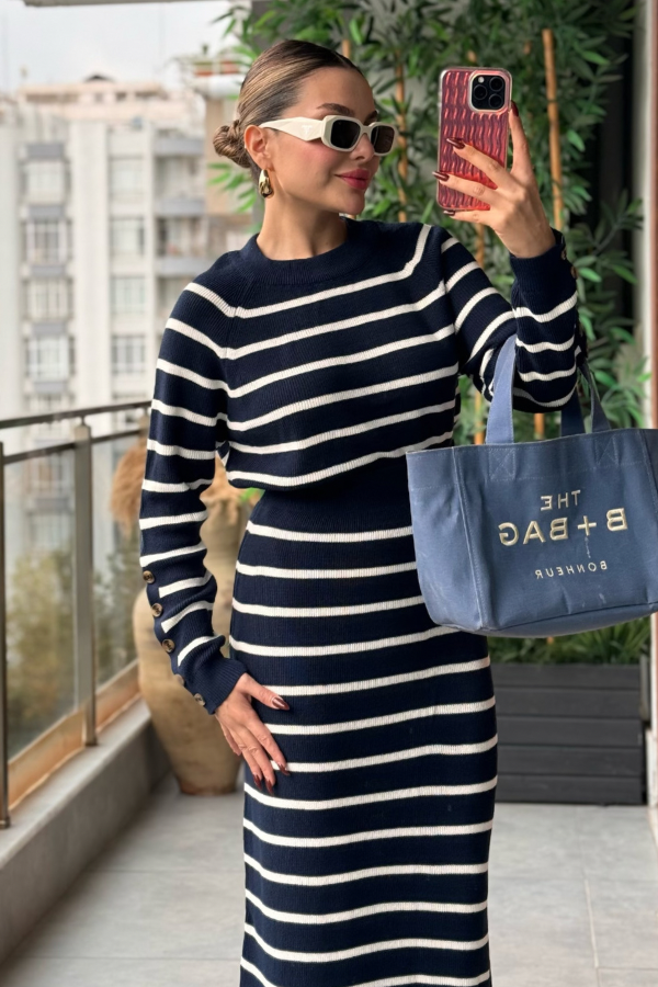 Tatya Çizgili Örme Triko Takım - Lacivert