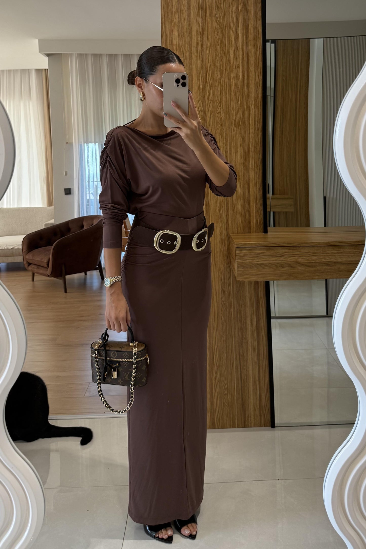 Taulov Kahve Sırt Detaylı Etekli Takım