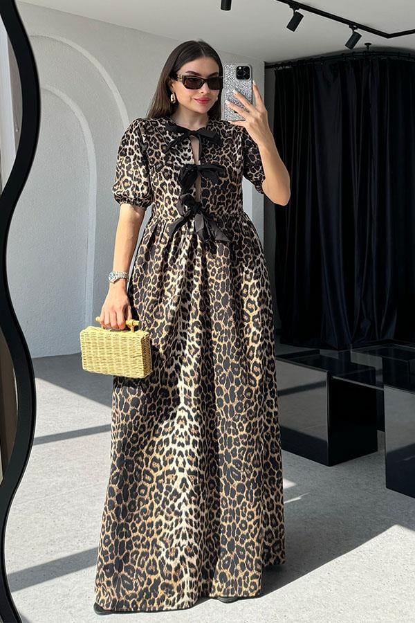 Thana Poplin Leopar Fiyonklu Elbise