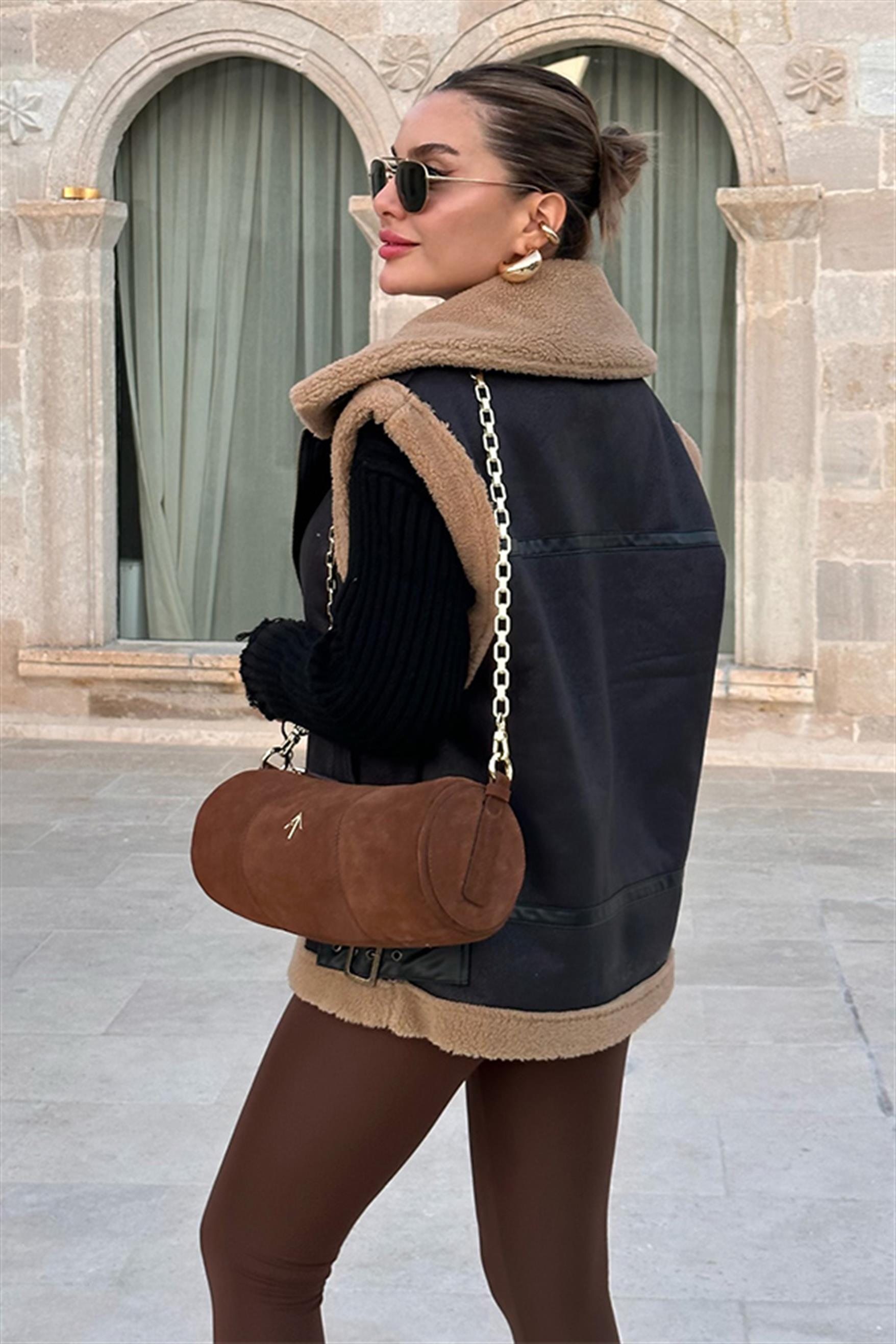 Theodora Camel Kürklü Deri Yelek