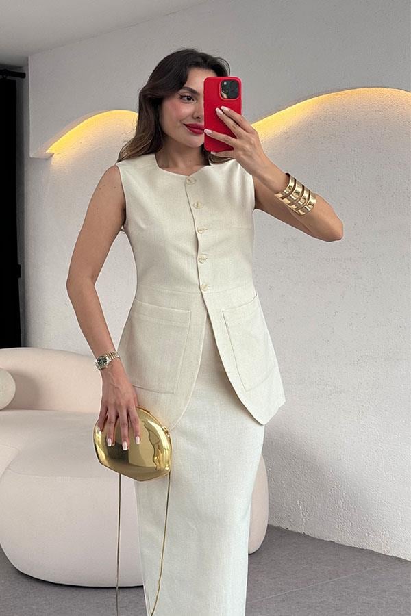 Tricia Premium Etekli Keten Takım-Ekru