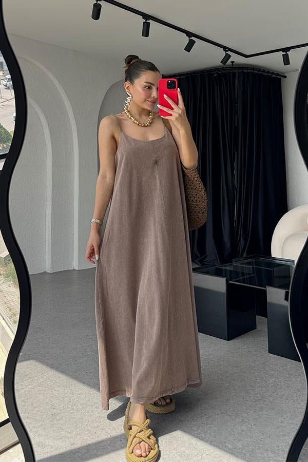 Tuala Asit Yıkama Elbise - Acı Kahve