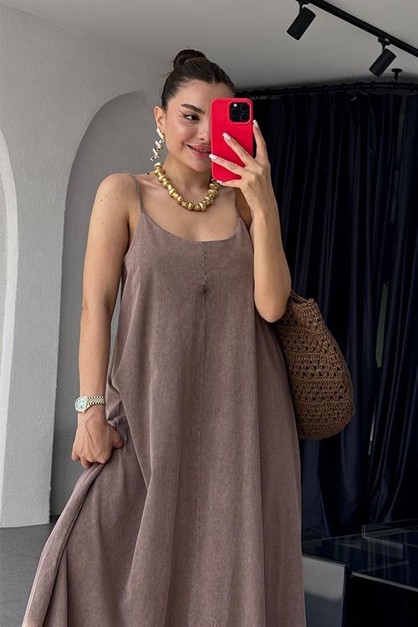 Tuala Asit Yıkama Elbise - Acı Kahve