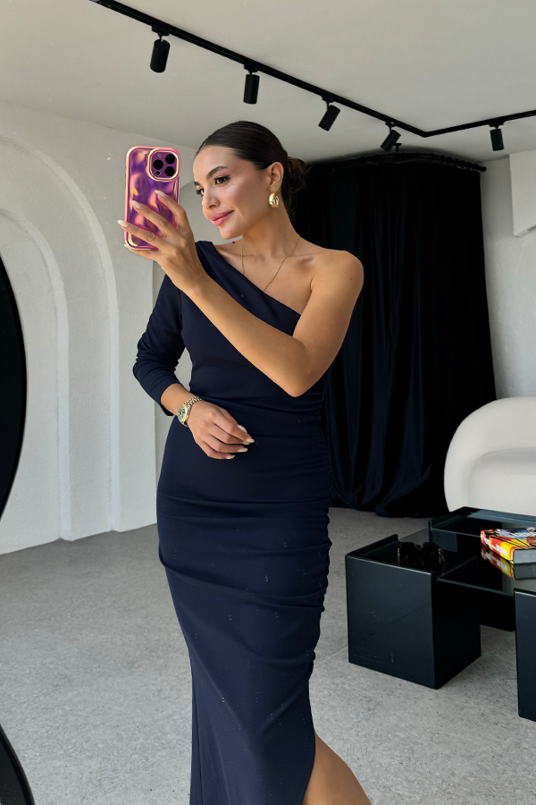 Tulina tek omuz lacivert drapeli elbise