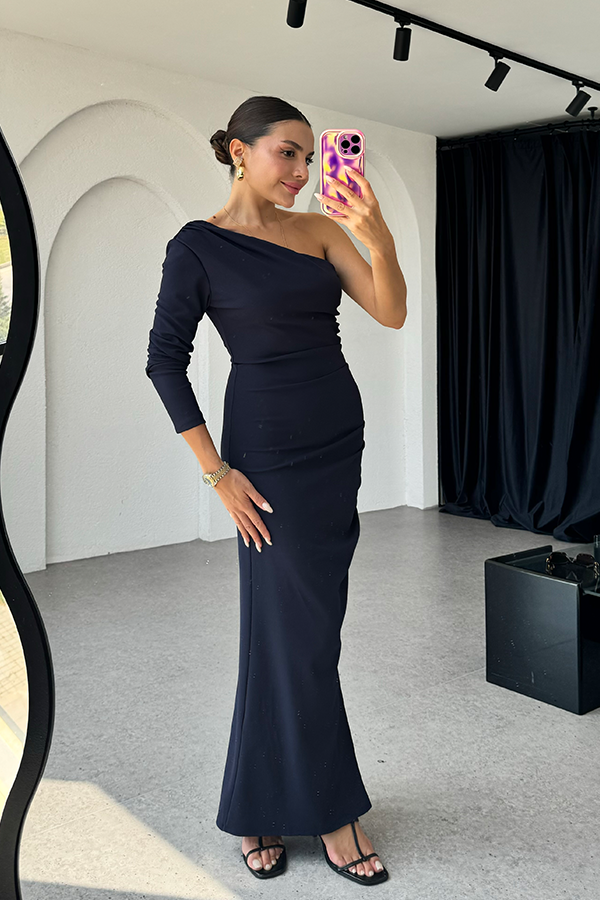 Tulina tek omuz lacivert drapeli elbise