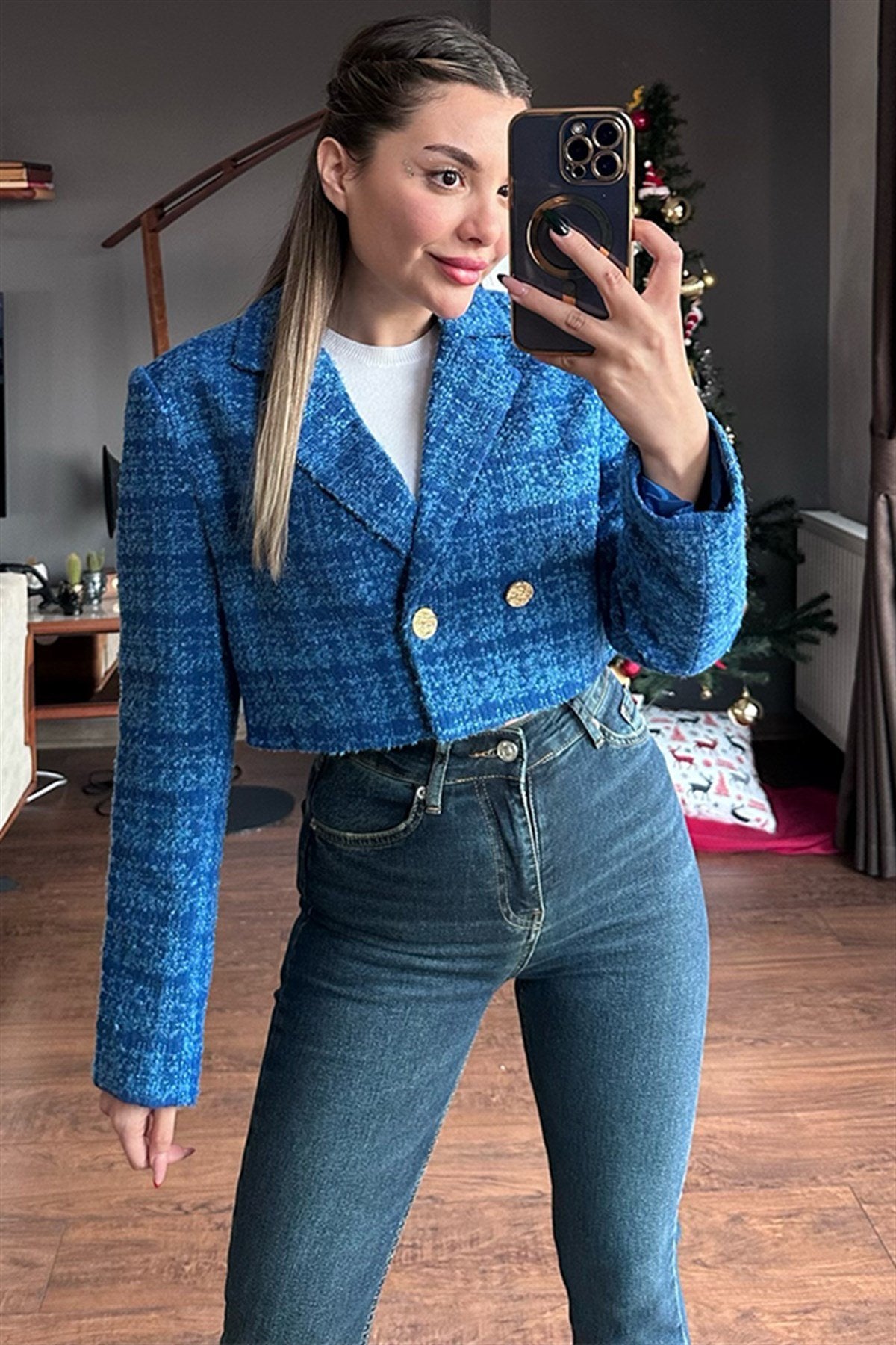 Tüvit mavi mini blazer ceket