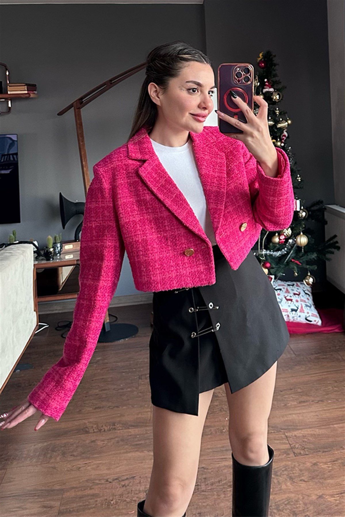 Tüvit pembe mini blazer ceket