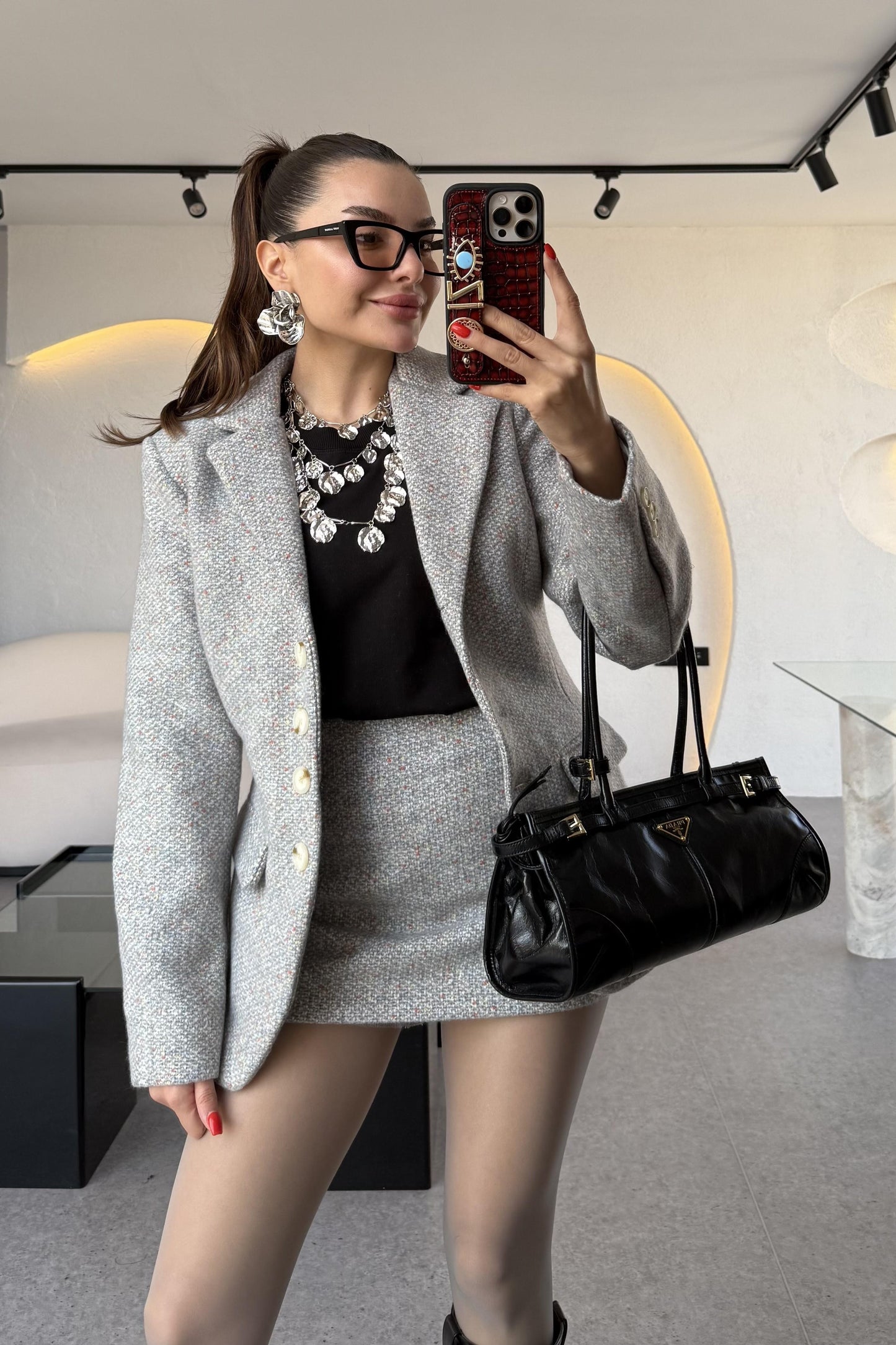 Tweed Gri İçi Şortlu Etek Takım