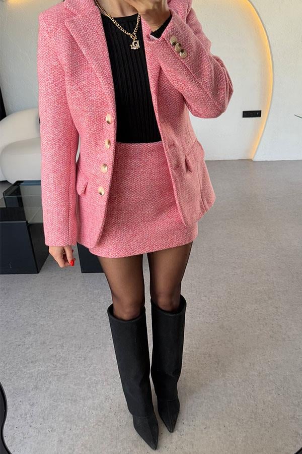 Tweed Pembe İçi Şortlu Etek Takım