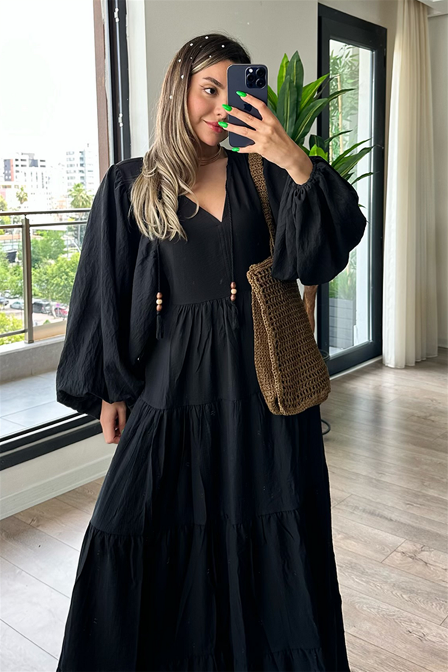 V yaka keten bohem elbise - Siyah