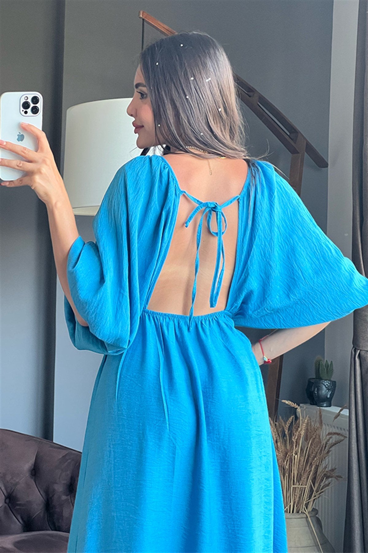 V yaka keten mavi elbise