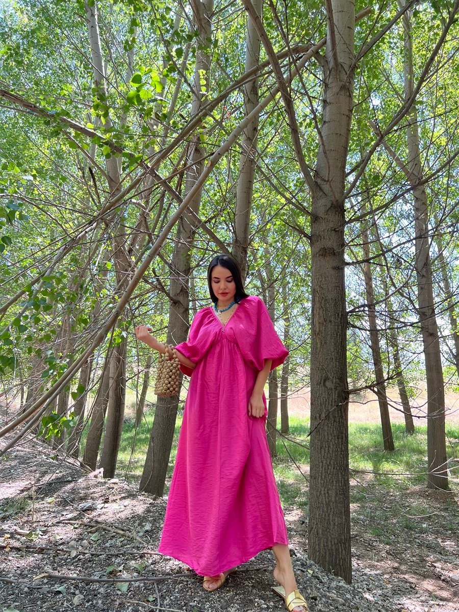 V yaka keten pembe elbise