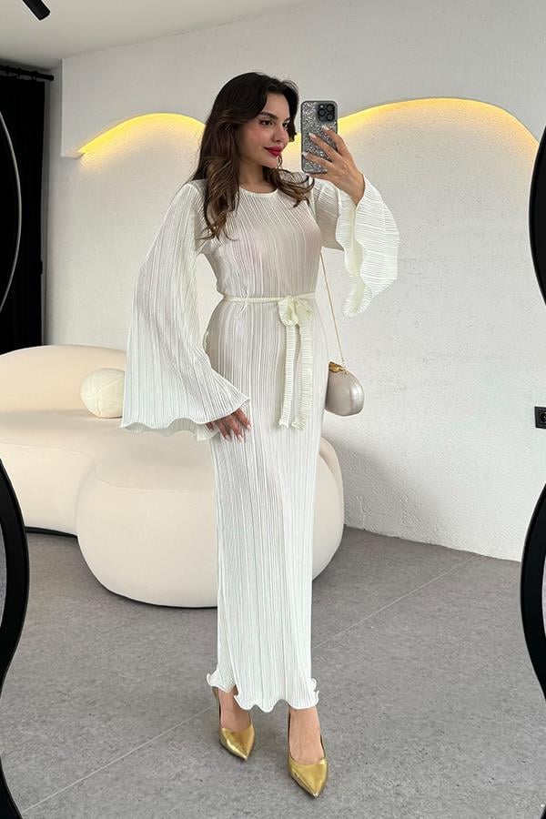 Valdes Astarlı Kırinkıl Elbise - Beyaz