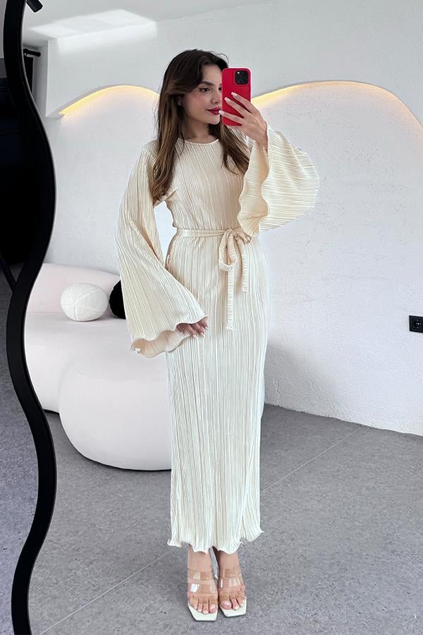 Valdes Astarlı Kırinkıl Elbise - Ekru