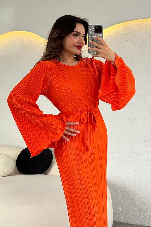 Valdes Astarlı Kırinkıl Elbise - Turuncu