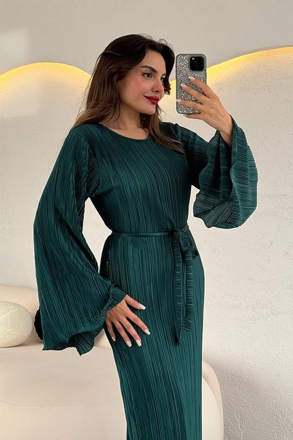 Valdes Astarlı Kırinkıl Elbise - Zümrüt
