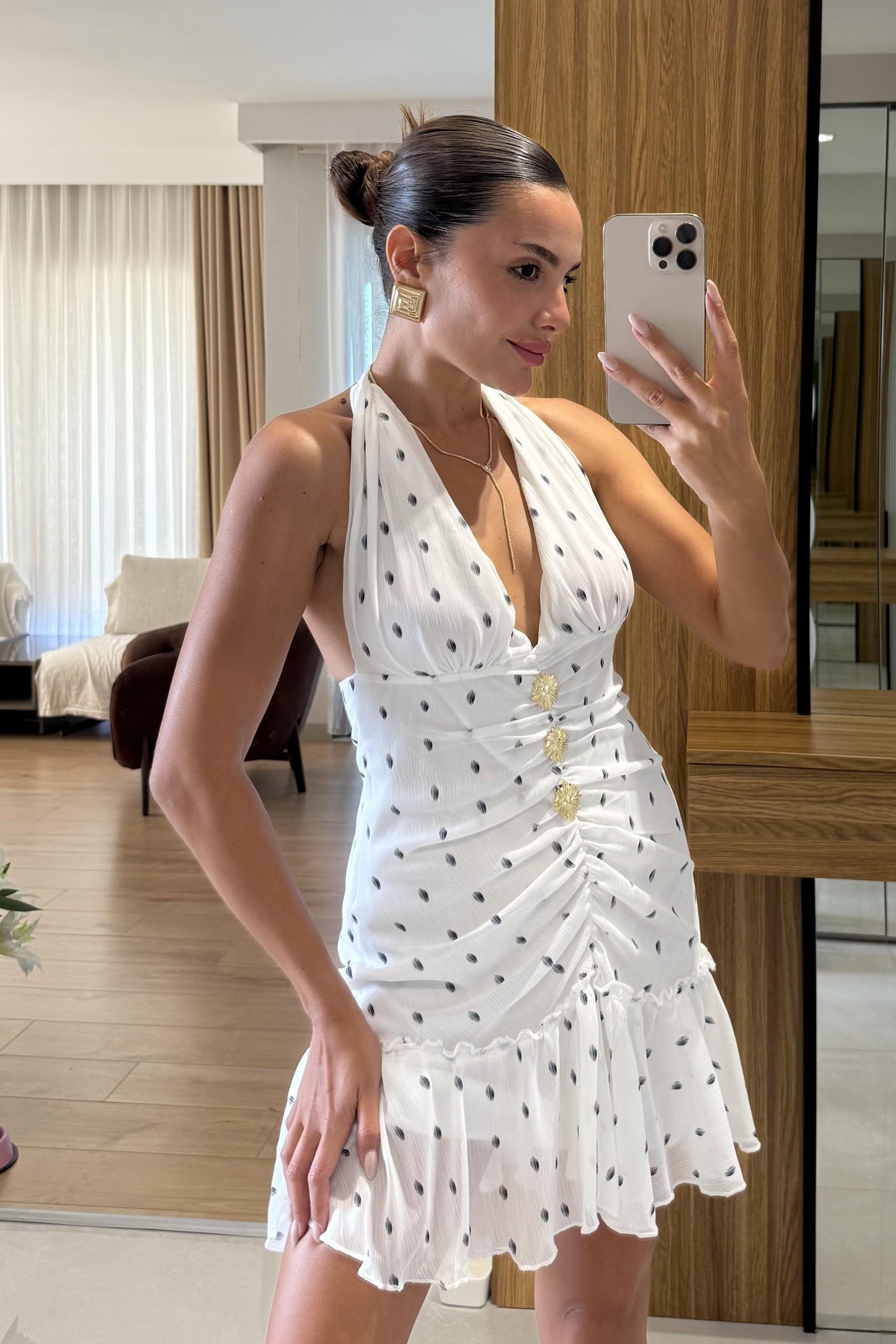 Valery Beyaz Gold Detaylı Puantiye Elbise