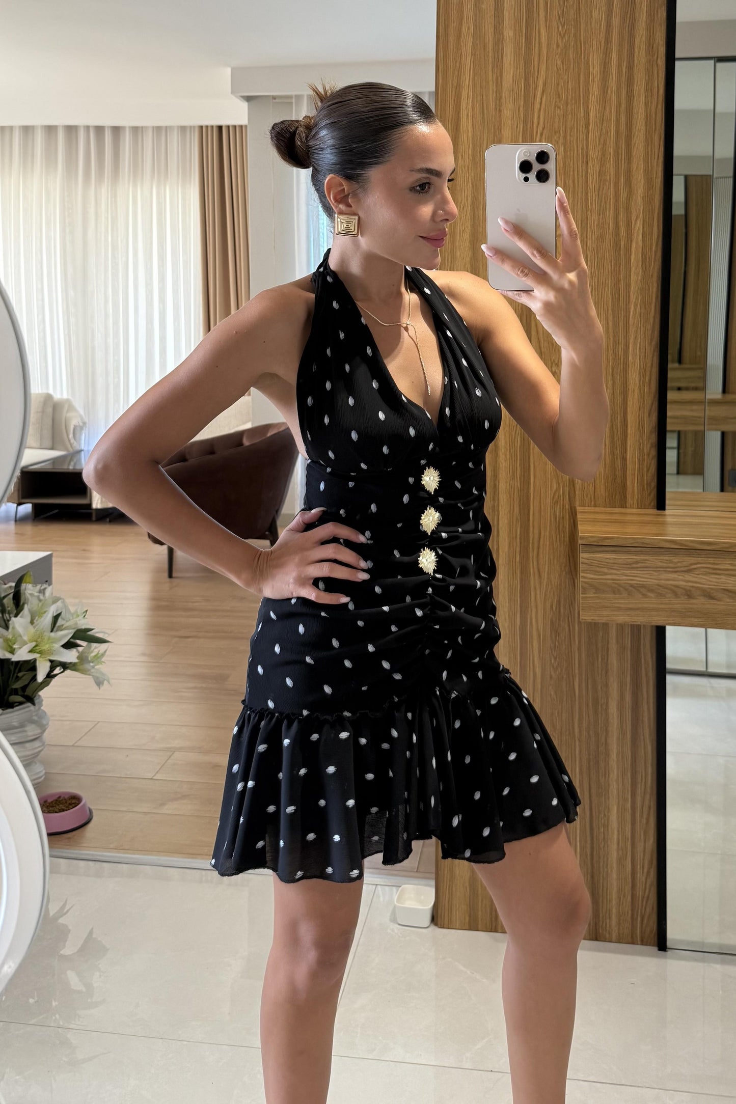 Valery Siyah Gold Detaylı Puantiye Elbise