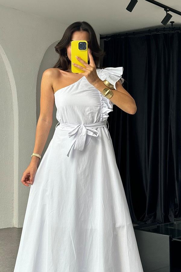 Valeska Tek Omuz Kuşaklı Elbise- Beyaz
