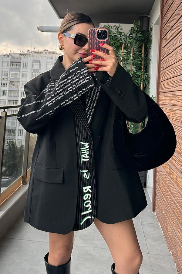 Vanesa Çizgili Yazı Baskılı Oversize Blazer Ceket