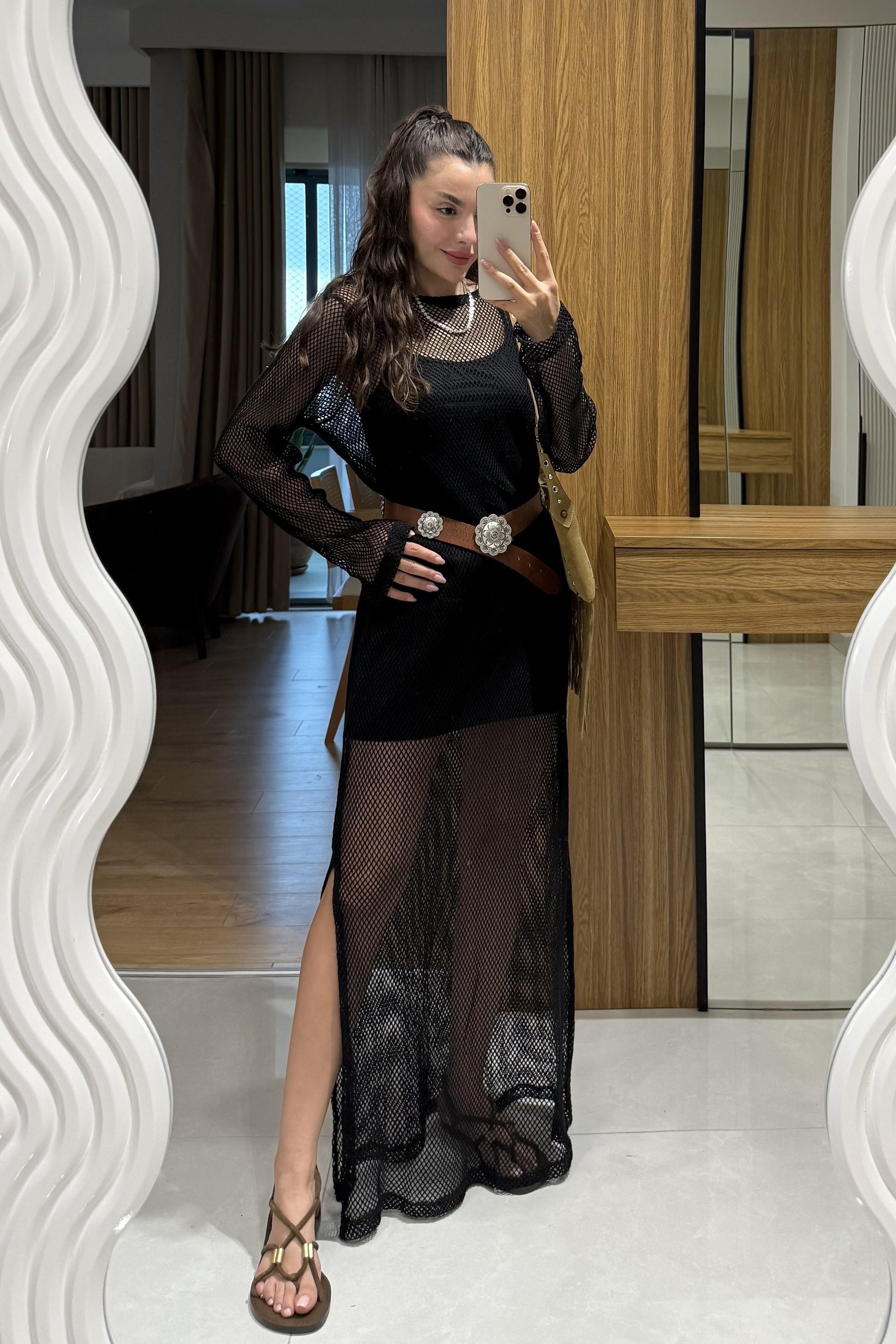 Vareli Siyah Astarlı File Elbise