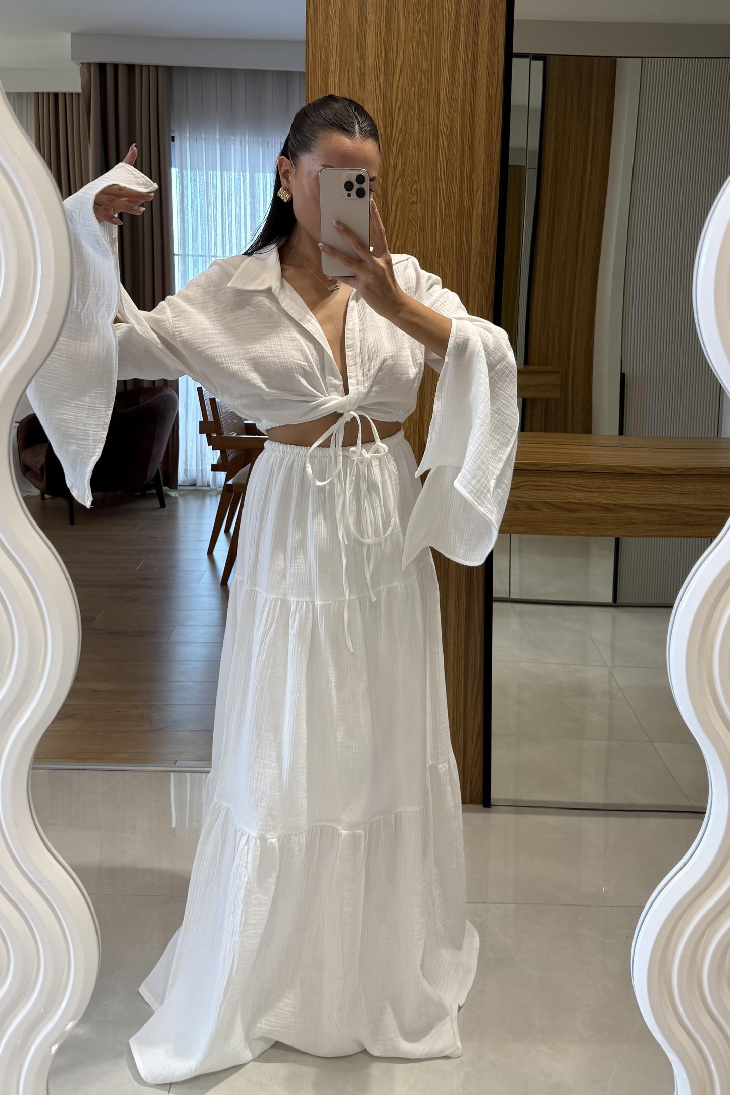 Vasse Beyaz Gömleği Bağlamalı Etekli Müslin Takım