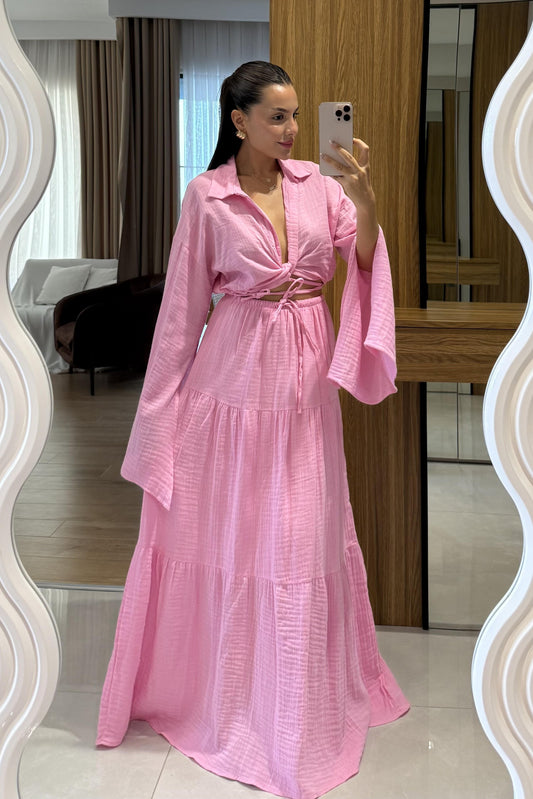 Vasse Pembe Gömleği Bağlamalı Etekli Müslin Takım