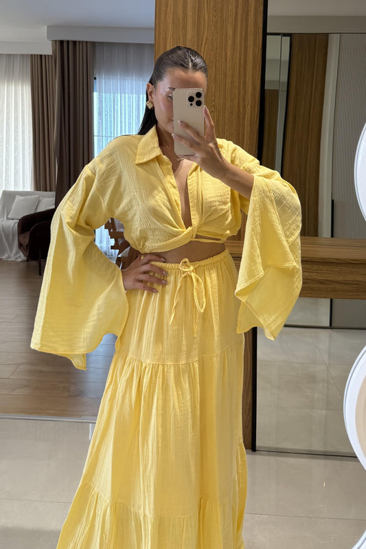 Vasse Sarı Gömleği Bağlamalı Etekli Müslin Takım