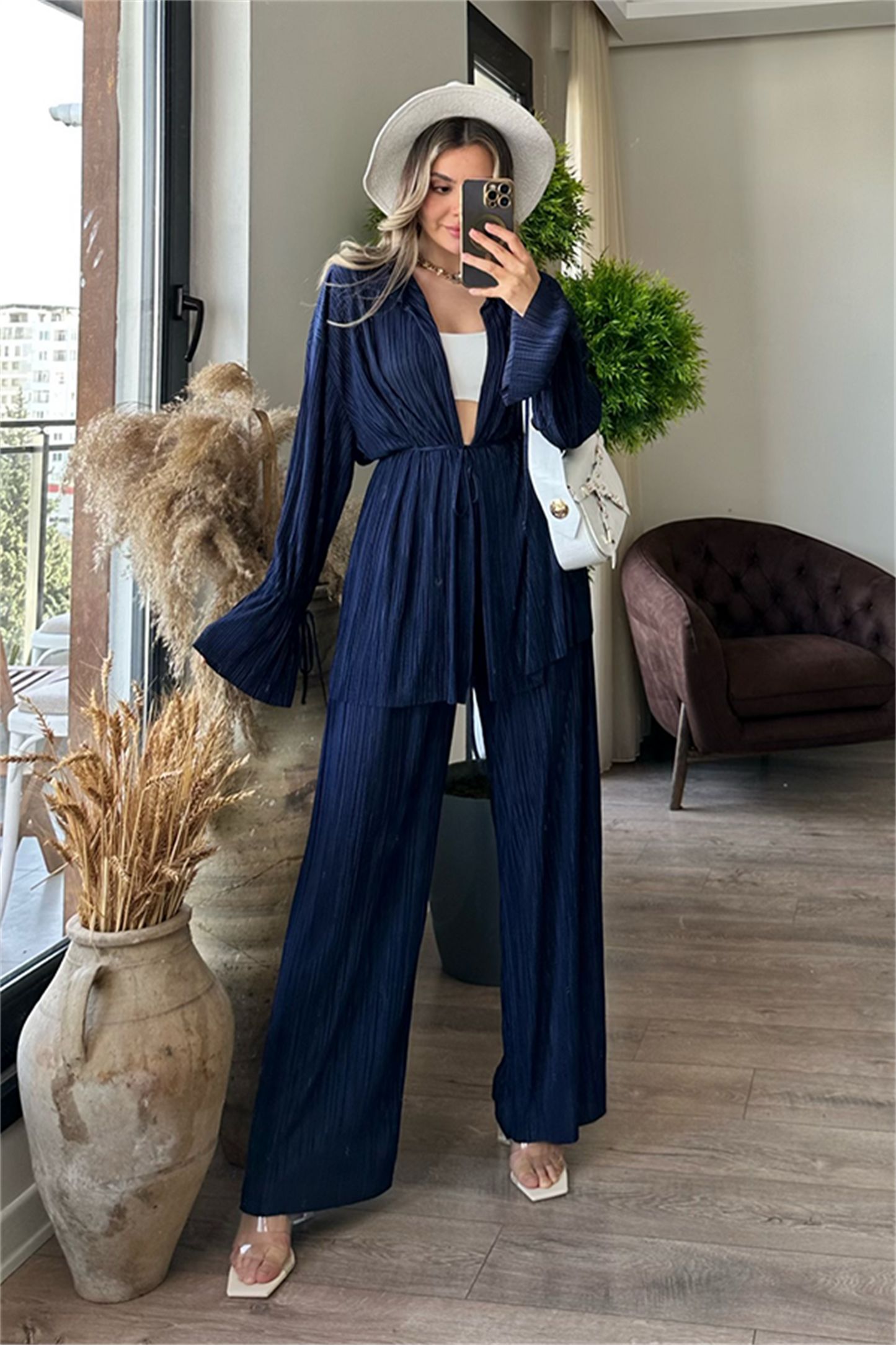 Vegas kırinkıl kumaş saten ikili takım - Lacivert