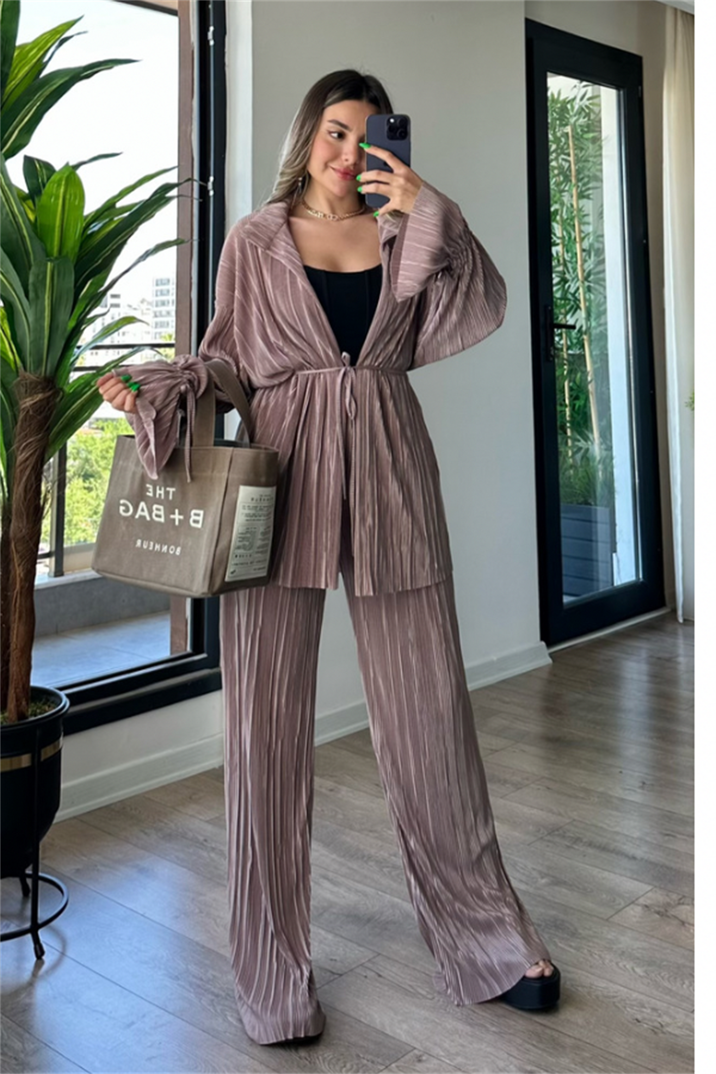 Vegas kırinkıl kumaş saten ikili takım - Bronz