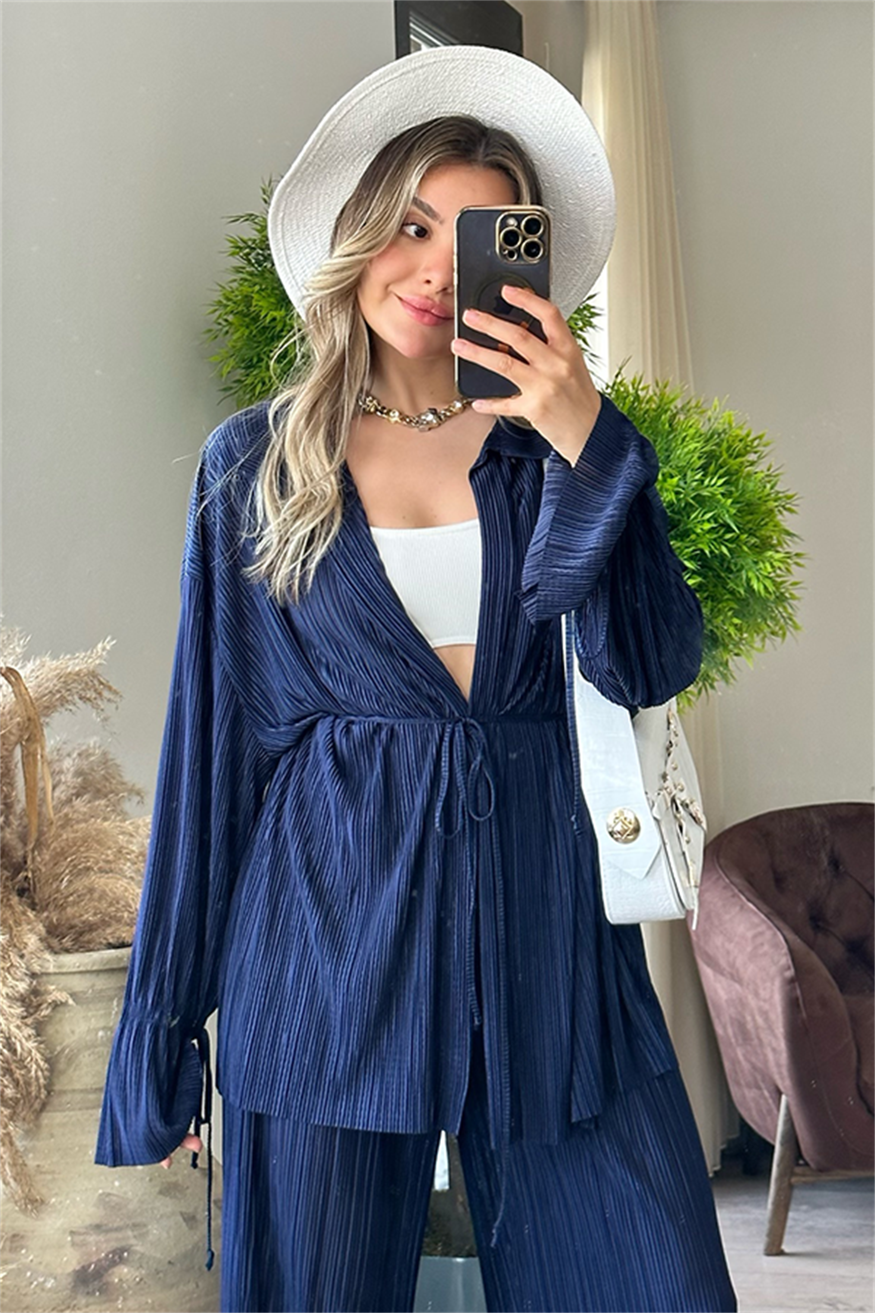 Vegas kırinkıl kumaş saten ikili takım - Lacivert