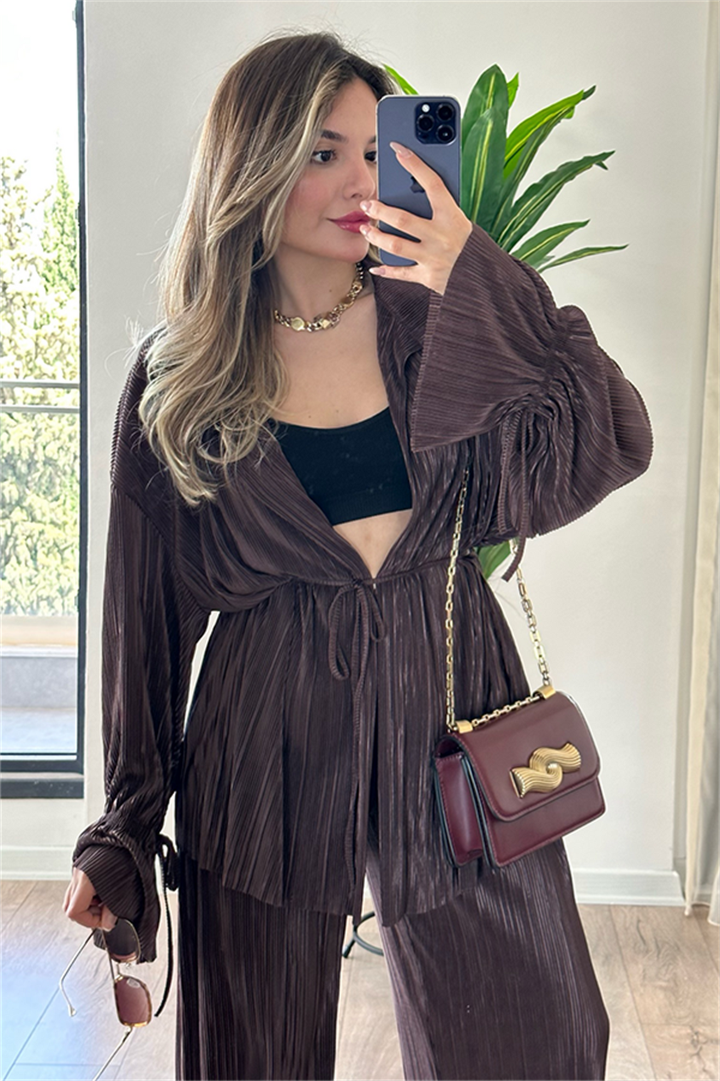 Vegas kırinkıl kumaş saten ikili takım - Acı Kahve