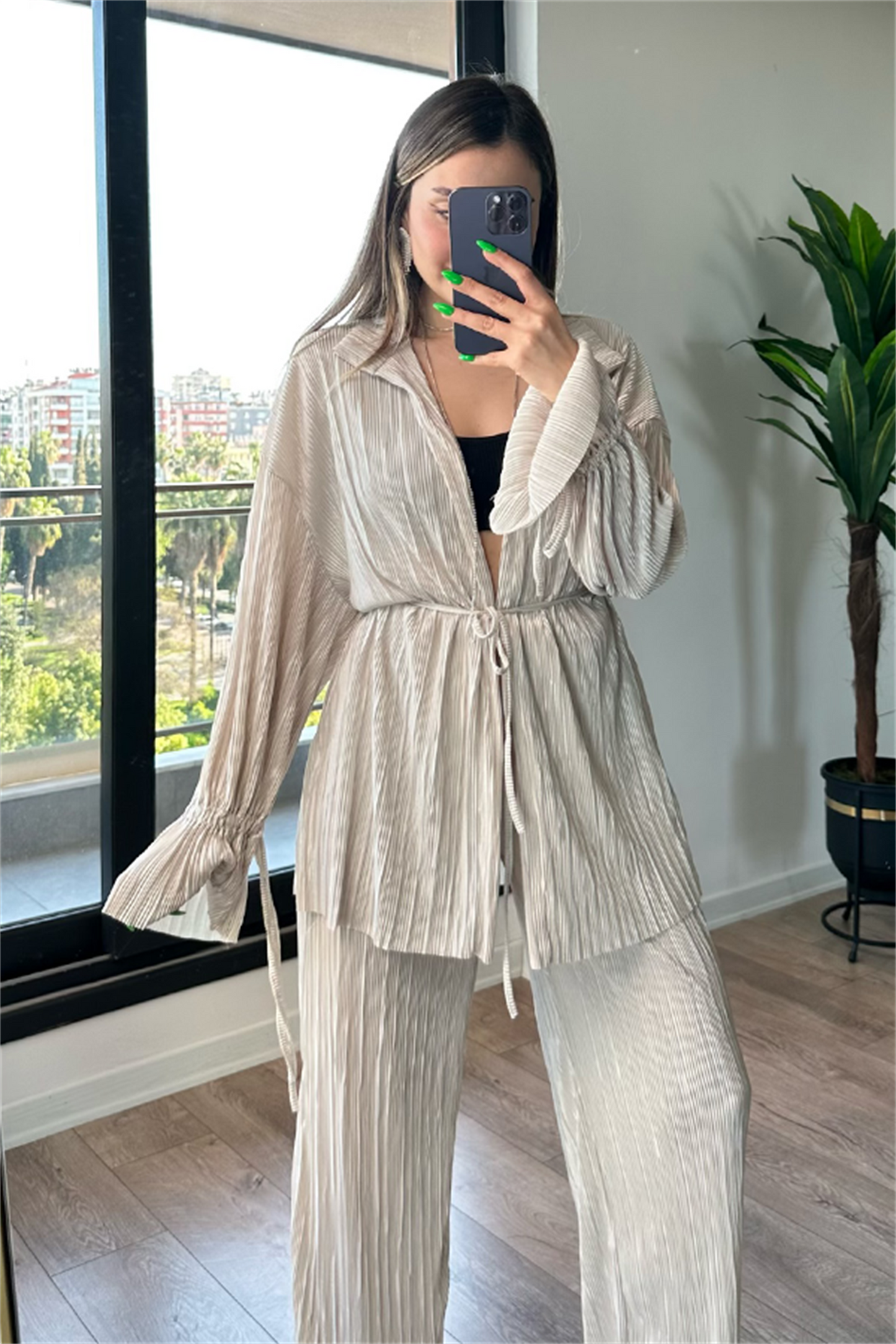 Vegas kırinkıl kumaş saten ikili takım - Krem