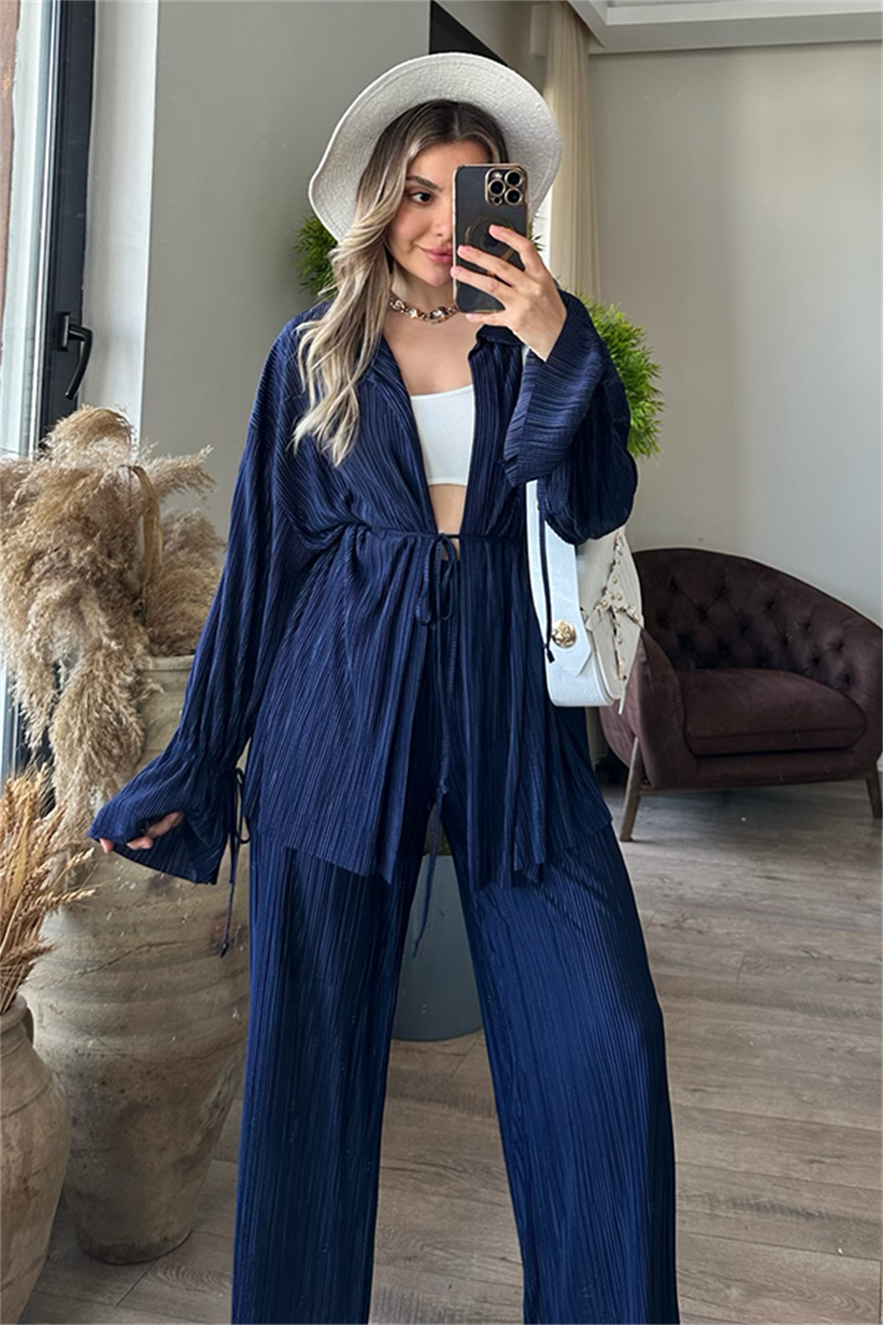 Vegas kırinkıl kumaş saten ikili takım - Lacivert