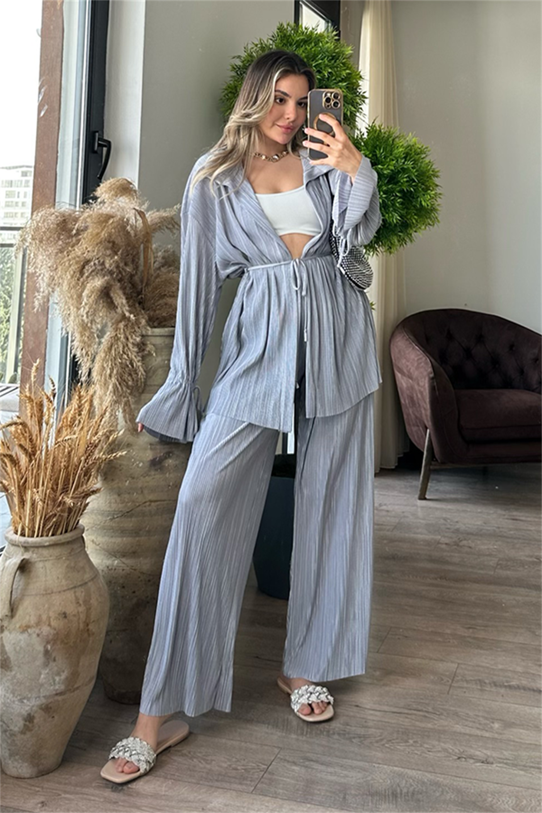 Vegas kırinkıl kumaş saten ikili takım - Gümüş