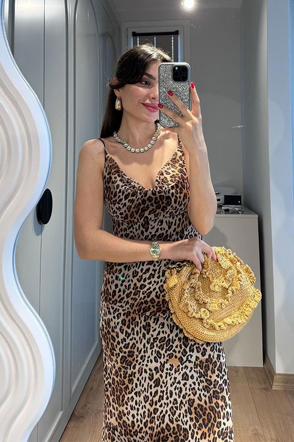 Velvet Sırt Dekolteli Leopar Elbise