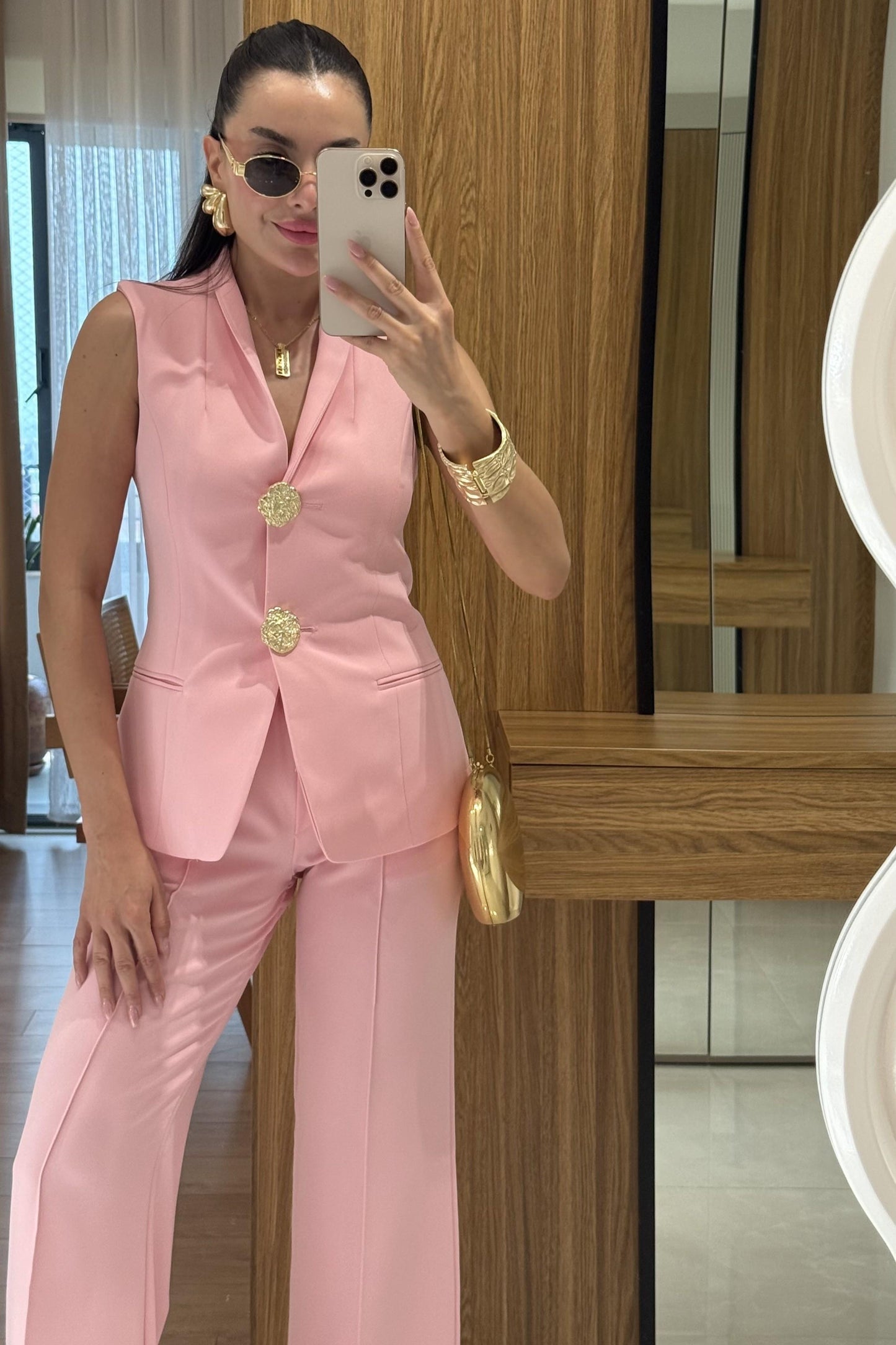 Velzia Pembe Gold Düğmeli Takım
