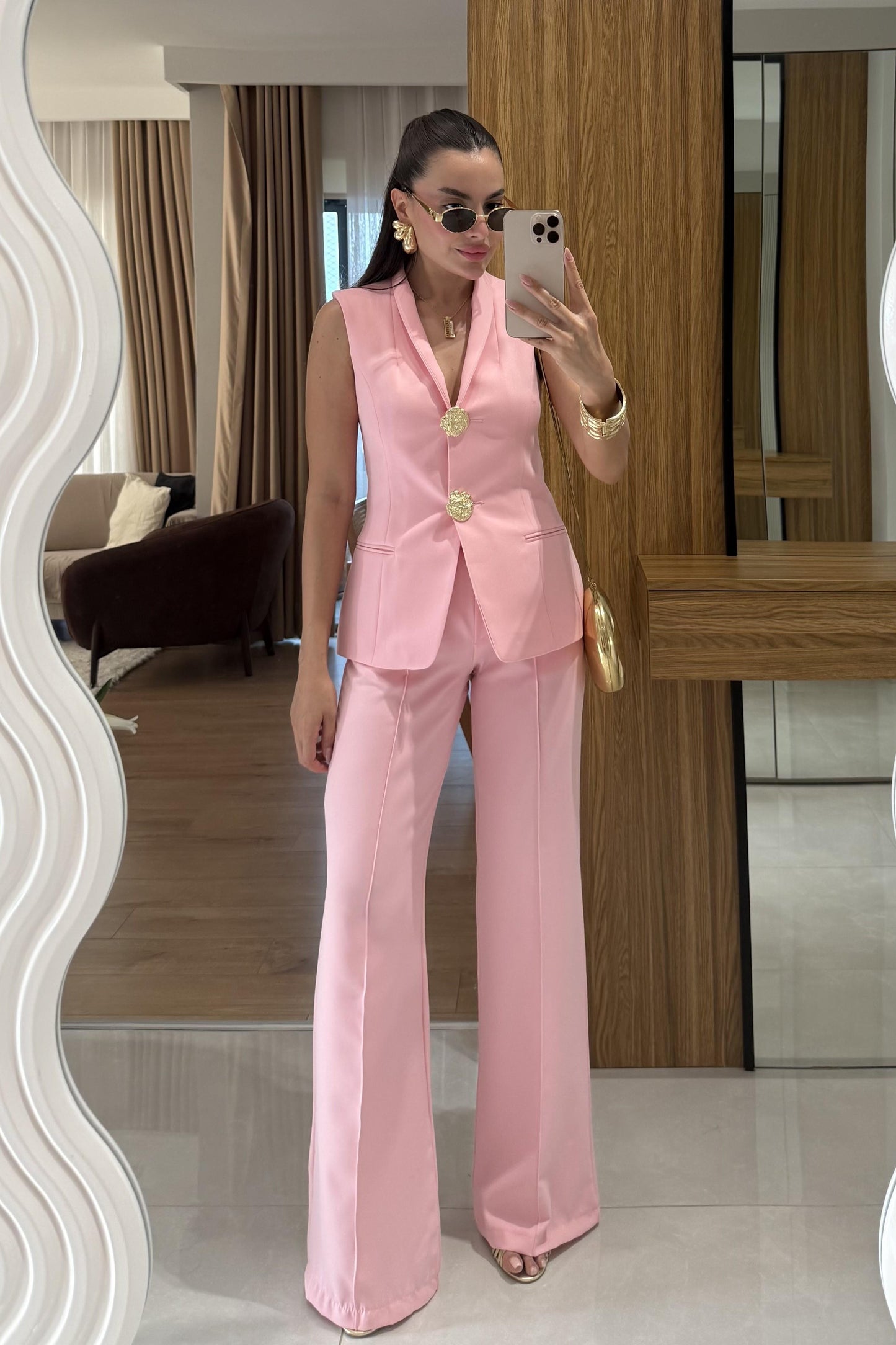 Velzia Pembe Gold Düğmeli Takım