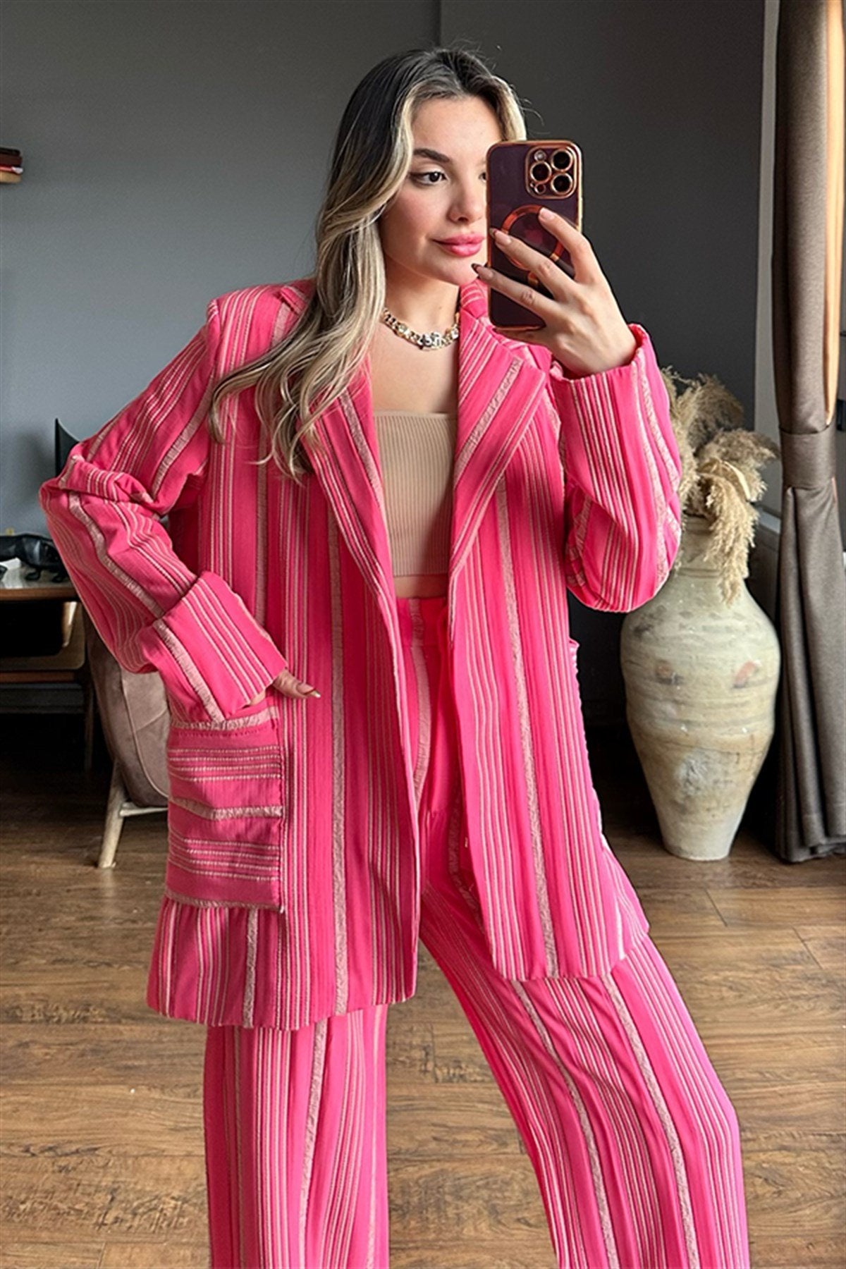 Venessa dikey çizgili pembe ikili takım