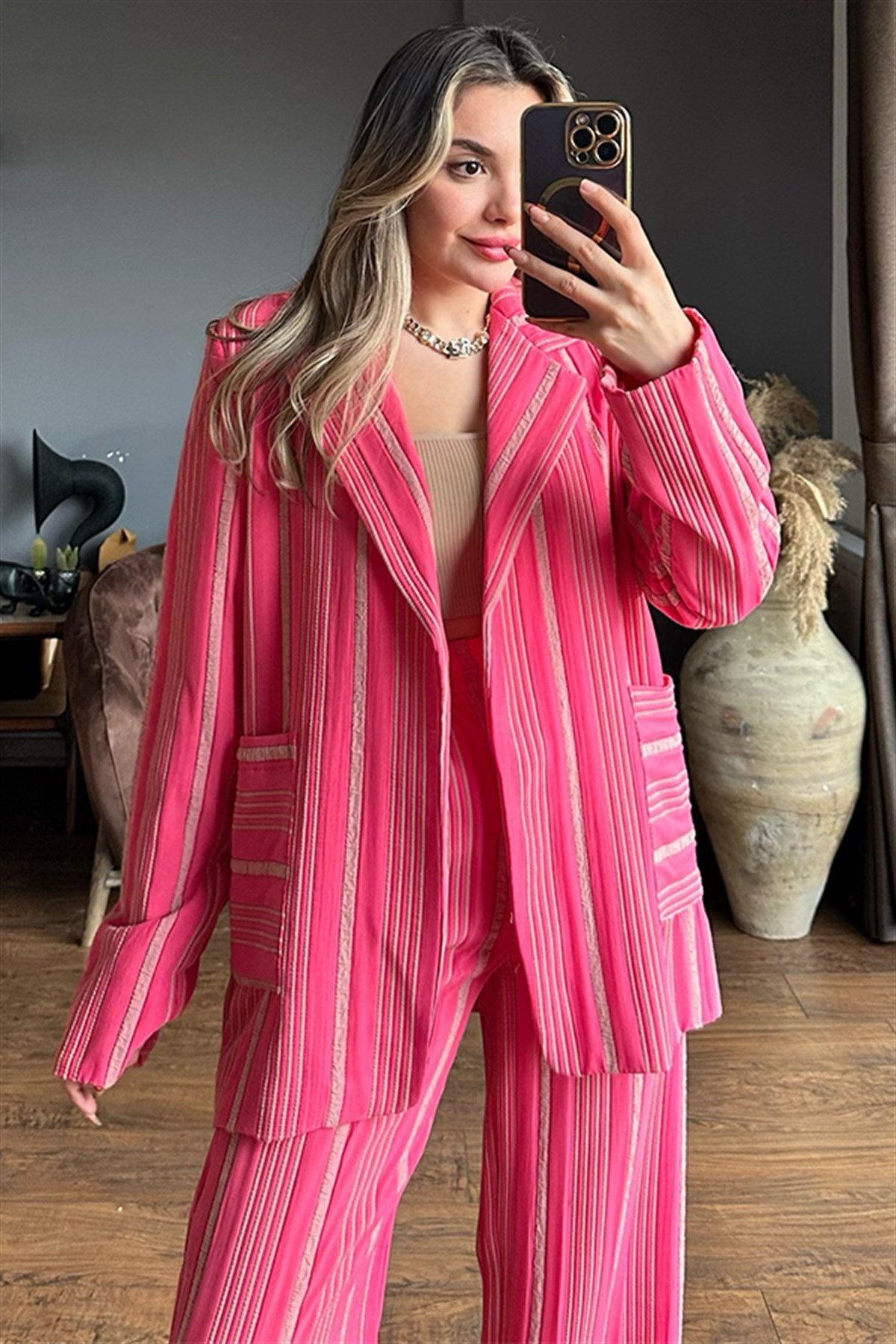 Venessa dikey çizgili pembe ikili takım