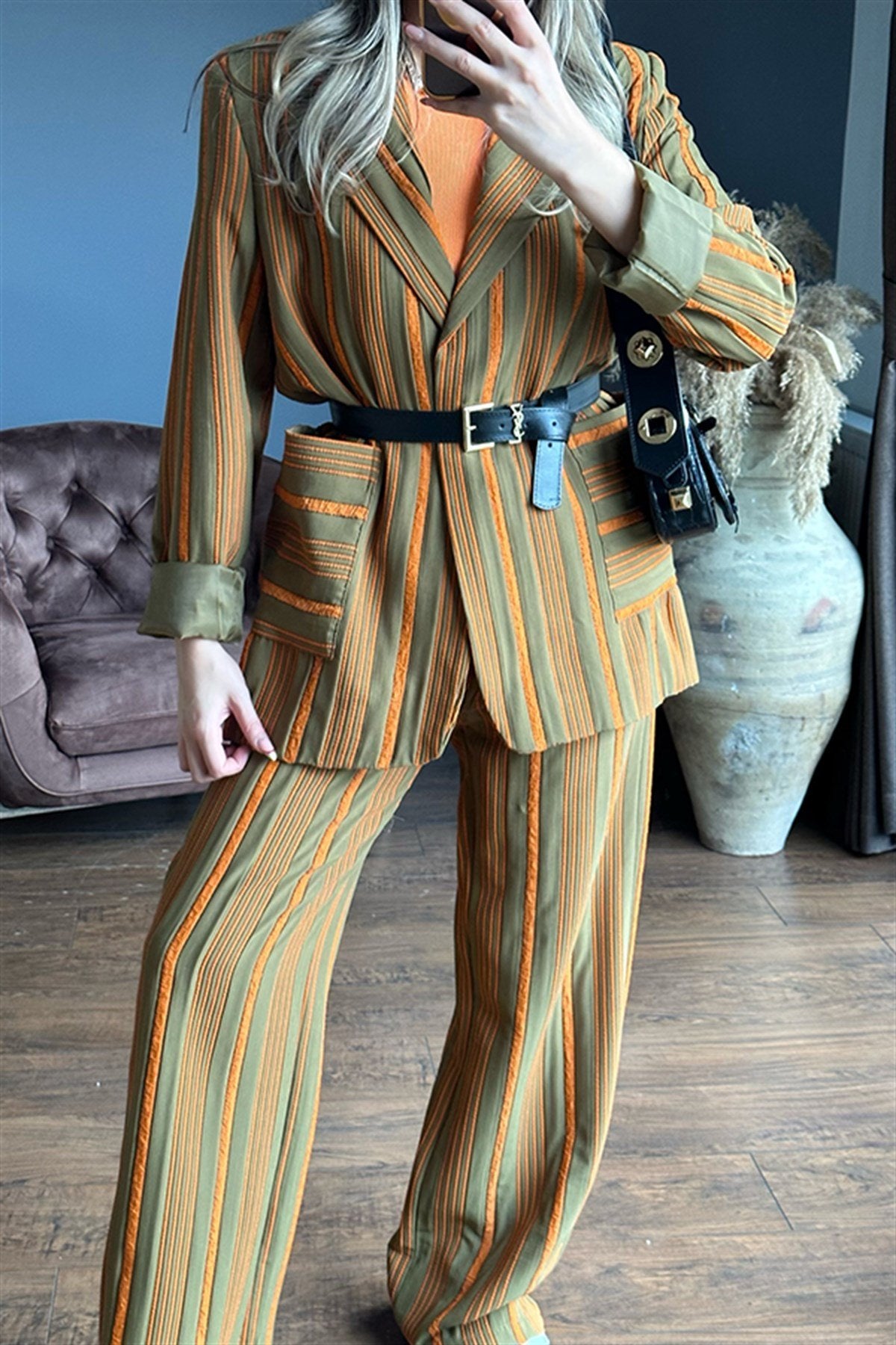 Venessa dikey çizgili turuncu ikili takım